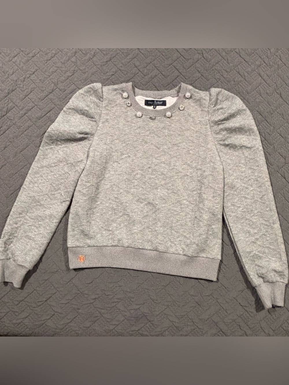 Simply Southern Grey Puff-Sleeve Sweater with Neck Jewels